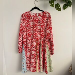 Red Floral Long-Sleeve A-Line Dress